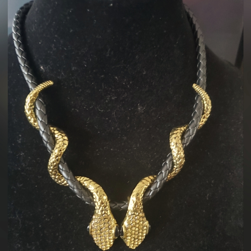 Gold tone Snake Black leather necklace